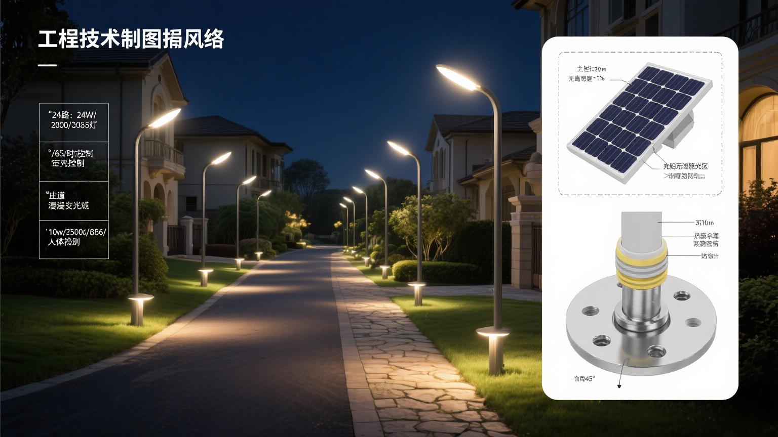 別墅區(qū)太陽能路燈安裝實(shí)例 效果示意
